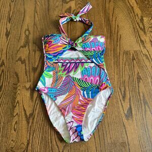 Trina Turk Paradise Plume Cut Out Halter Bandeau One Piece Swimsuit Size 8